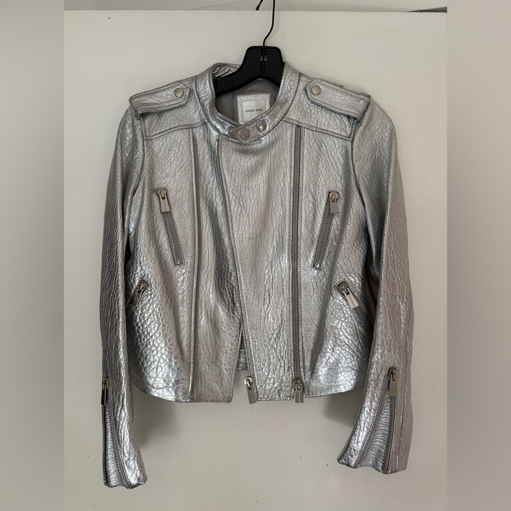 Anine Bing Metallic Silver Leather Jacket